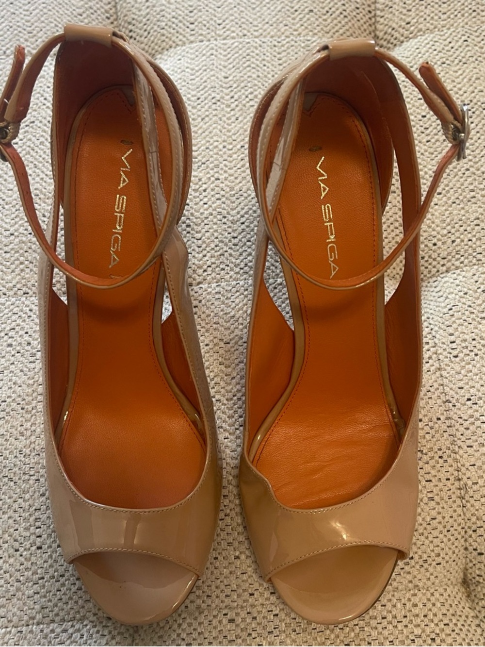 Via Spiga Beige Patent Peep-Toe Ankle Strap Heels
